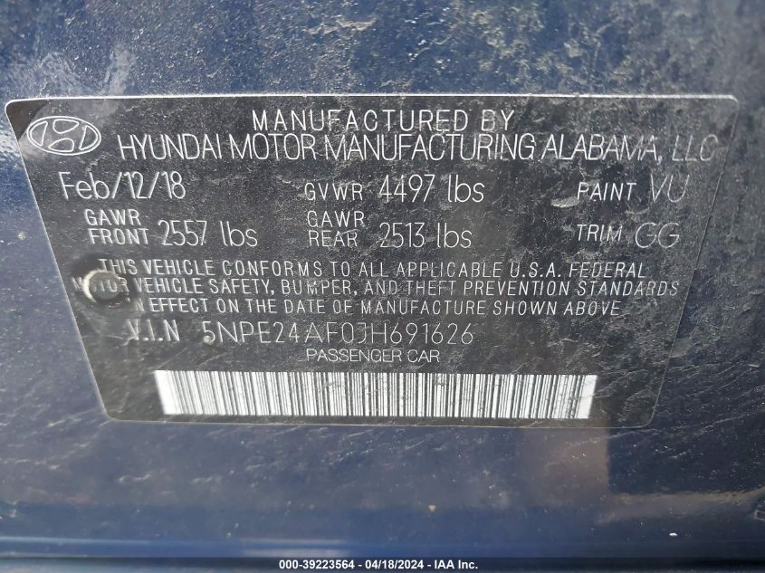 2018 Hyundai Sonata Se VIN: 5NPE24AF0JH691626 Lot: 39223564