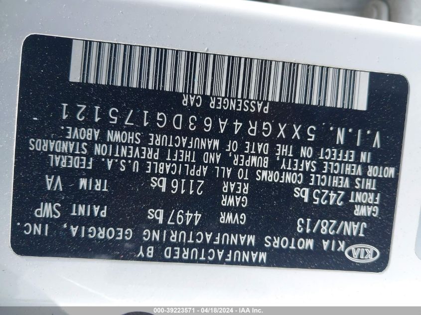 2013 Kia Optima Sx VIN: 5XXGR4A63DG175121 Lot: 39223571