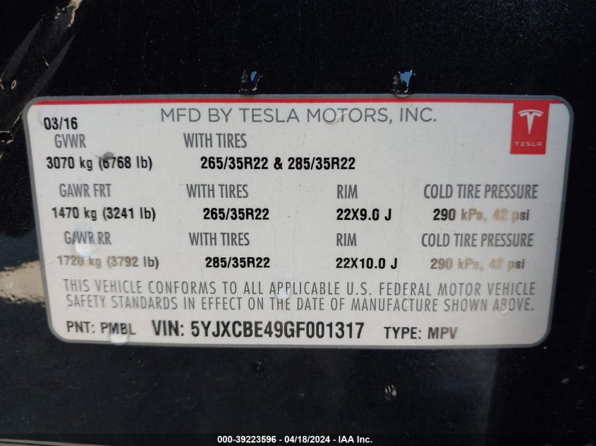 2016 Tesla Model X 75D/P100D/P90D VIN: 5YJXCBE49GF001317 Lot: 39223596