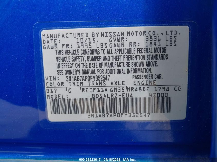 2015 Nissan Sentra Sr VIN: 3N1AB7AP0FY352547 Lot: 39223617