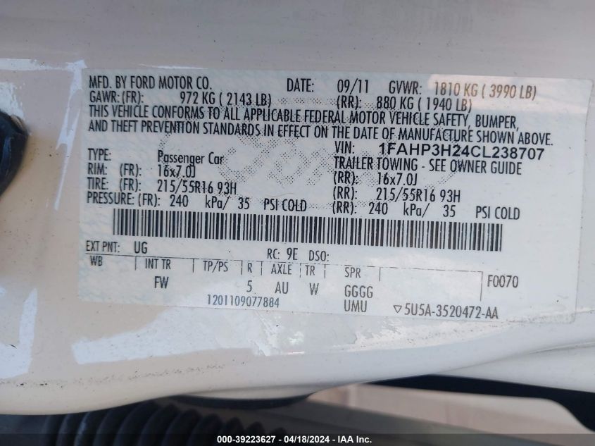 2012 Ford Focus Sel VIN: 1FAHP3H24CL238707 Lot: 39223627