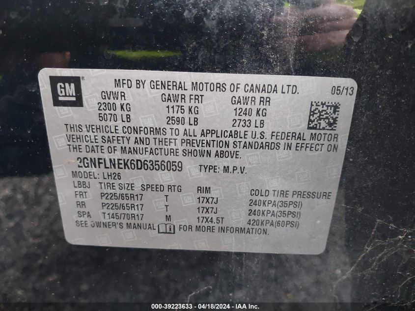 2013 Chevrolet Equinox 2Lt VIN: 2GNFLNEK6D6356059 Lot: 46718634