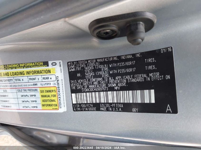 2016 Toyota Sienna Le 7 Passenger VIN: 5TDKK3DC4GS697673 Lot: 39223645