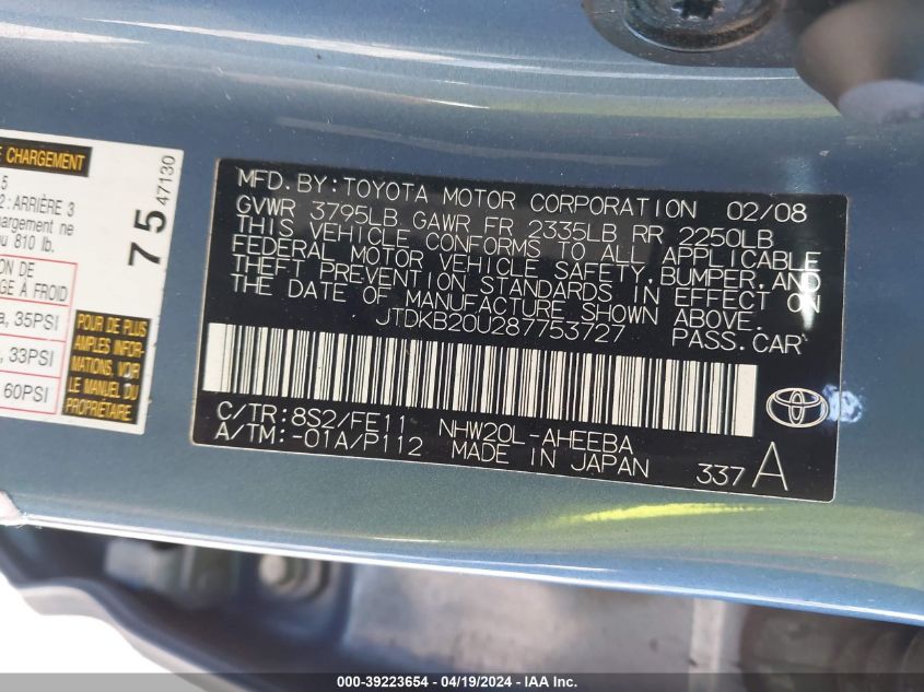 2008 Toyota Prius VIN: JTDKB20U287753727 Lot: 39223654