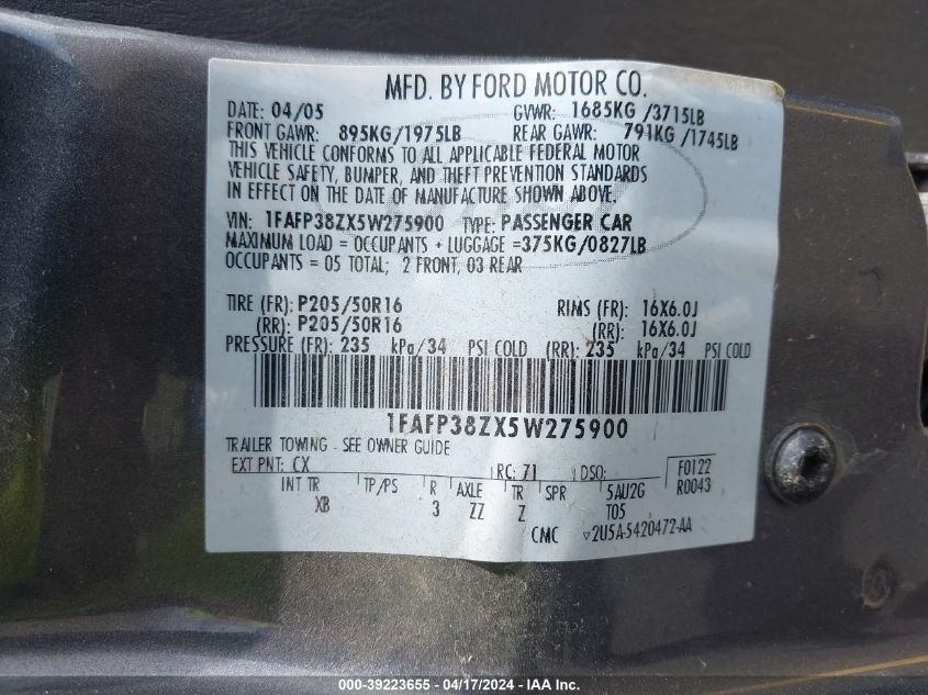 2005 Ford Focus Zx4 VIN: 1FAFP38ZX5W275900 Lot: 39223655