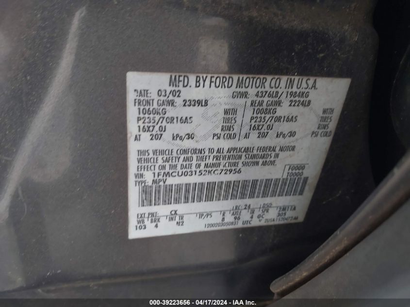 2002 Ford Escape Xlt VIN: 1FMCU03152KC72956 Lot: 39223656