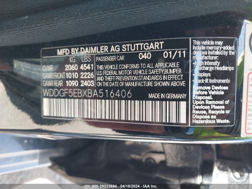 2011 Mercedes-Benz C 300 Luxury/Sport VIN: WDDGF5EBXBA516406 Lot: 39223684