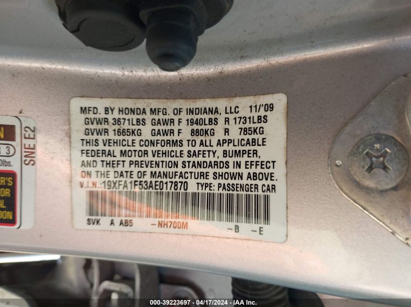 2010 Honda Civic Lx VIN: 19XFA1F53AE017870 Lot: 39223697