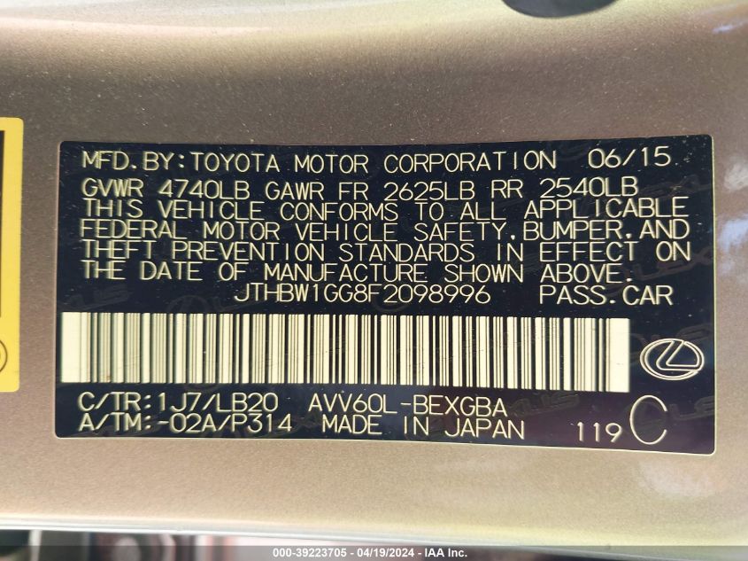 2015 Lexus Es 300H VIN: JTHBW1GG8F2098996 Lot: 39223705