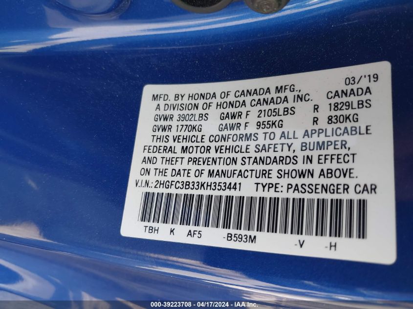 2019 Honda Civic Ex VIN: 2HGFC3B33KH353441 Lot: 39241169