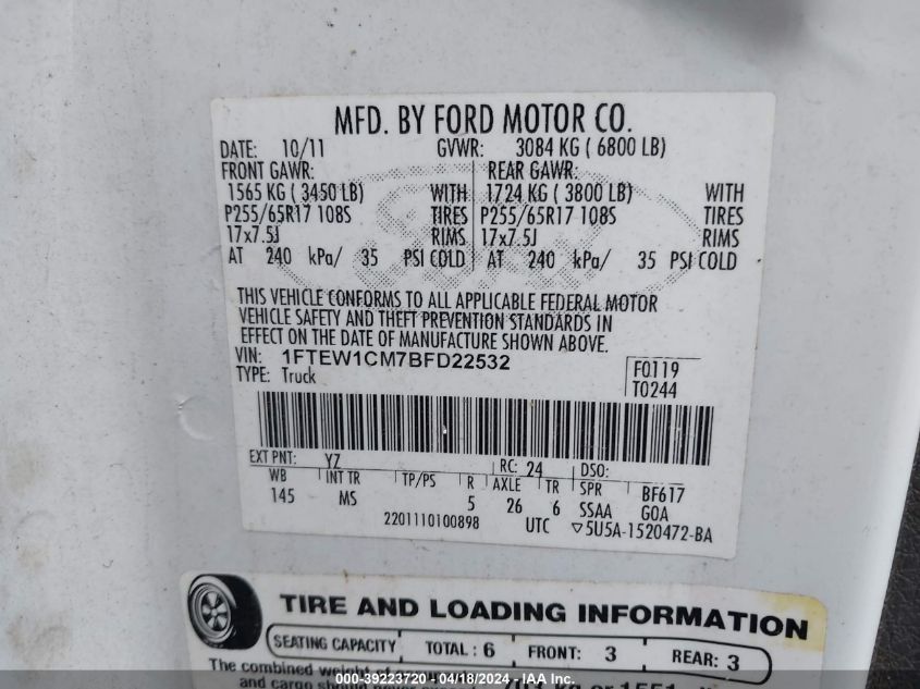 2011 Ford F-150 Xlt VIN: 1FTEW1CM7BFD22532 Lot: 39241143