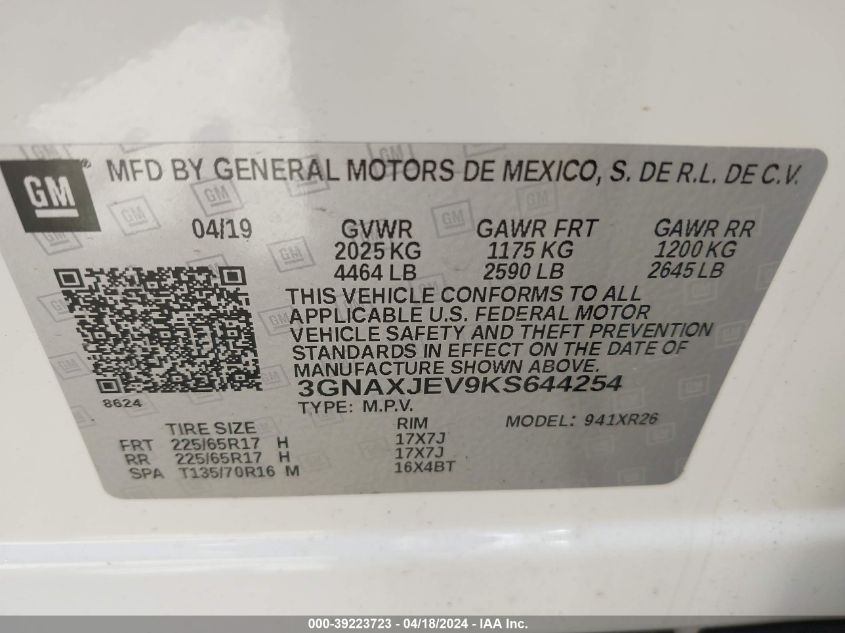2019 Chevrolet Equinox Lt VIN: 3GNAXJEV9KS644254 Lot: 39223723