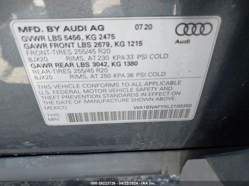 2020 Audi Q5 Premium Plus VIN: WA1BNAFYXL2100350 Lot: 40751034