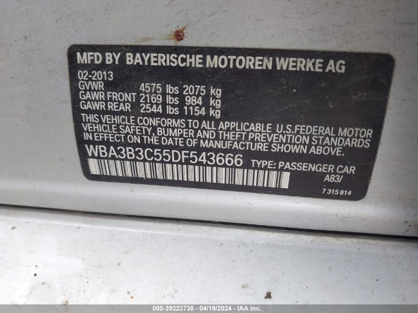 2013 BMW 328I xDrive VIN: WBA3B3C55DF543666 Lot: 39223738