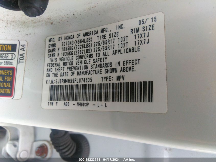 2015 Honda Cr-V Ex VIN: 5J6RM4H59FL074635 Lot: 39223781