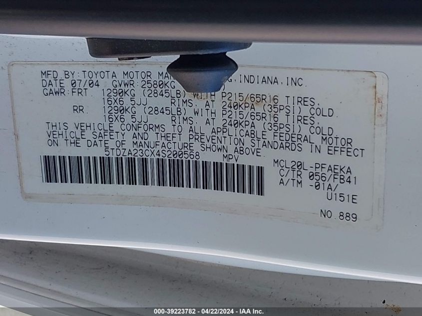 2004 Toyota Sienna Le VIN: 5TDZA23CX4S200568 Lot: 39223782