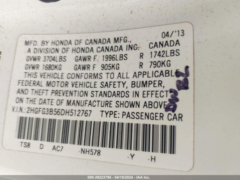 2013 Honda Civic Lx VIN: 2HGFG3B56DH512767 Lot: 39240053