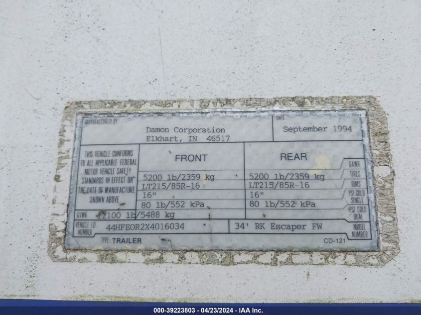 1995 Damon Escaper VIN: 44HFE0R2XS4016034 Lot: 39223803