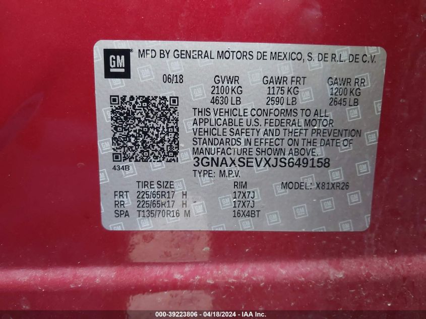 2018 Chevrolet Equinox Lt VIN: 3GNAXSEVXJS649158 Lot: 39223806