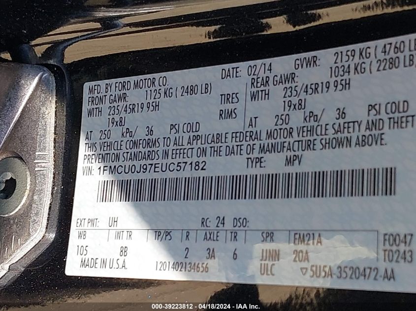 2014 Ford Escape Titanium VIN: 1FMCU0J97EUC57182 Lot: 39223812