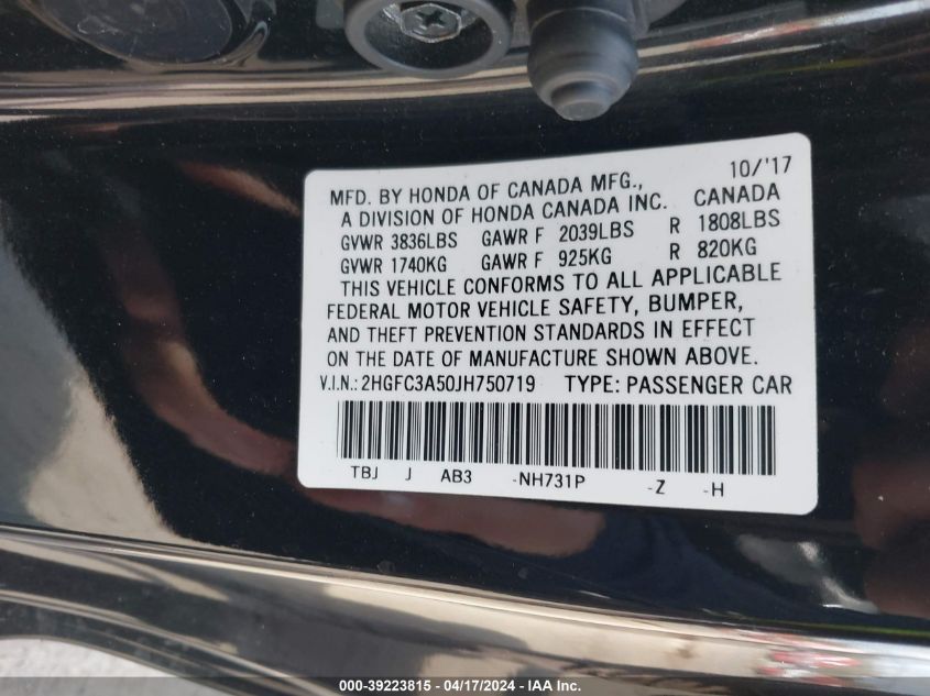 2018 Honda Civic Si VIN: 2HGFC3A50JH750719 Lot: 39223815