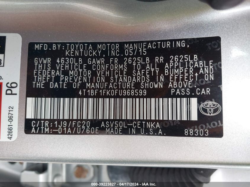 2015 Toyota Camry Le VIN: 4T1BF1FK0FU968599 Lot: 39223827