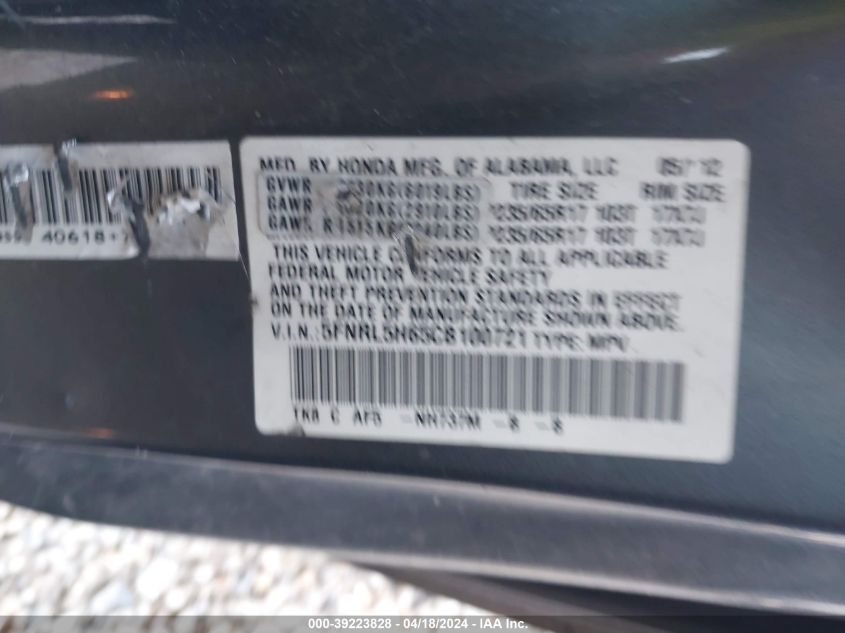 2012 Honda Odyssey Ex-L VIN: 5FNRL5H65CB100721 Lot: 39223828