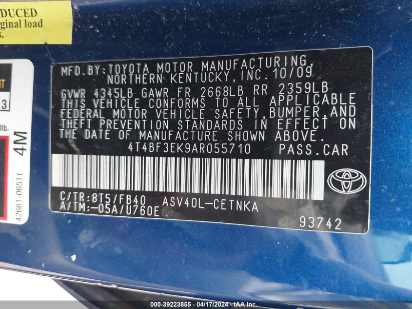 2010 Toyota Camry Le VIN: 4T4BF3EK9AR055710 Lot: 39223855