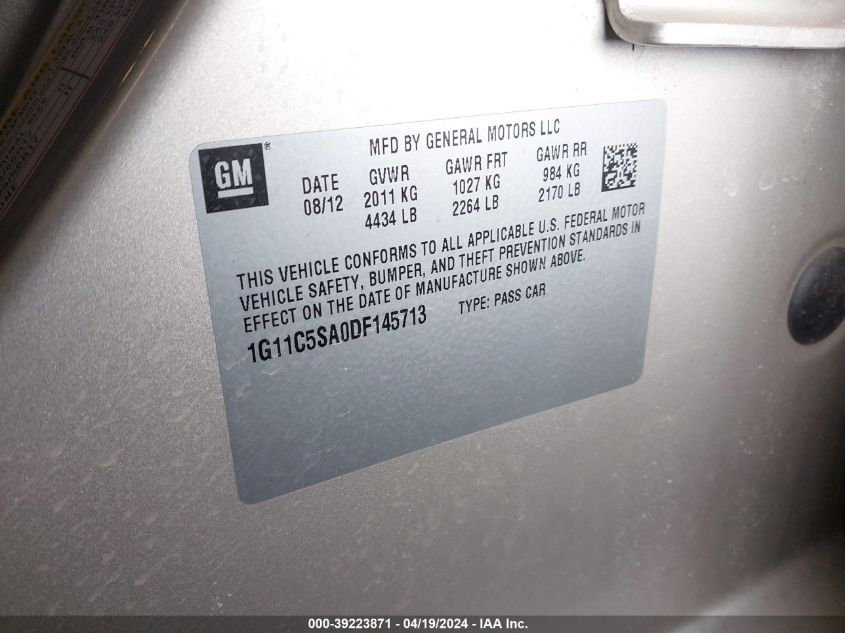 2013 Chevrolet Malibu 1Lt VIN: 1G11C5SA0DF145713 Lot: 39223871