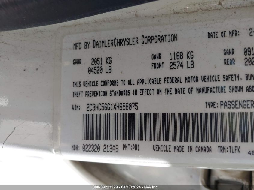 1999 Chrysler Lhs VIN: 2C3HC56G1XH658075 Lot: 39240114