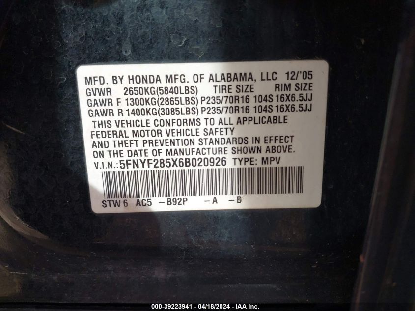 2006 Honda Pilot Ex-L VIN: 5FNYF285X6B020926 Lot: 76361423