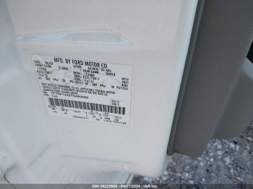 2007 Ford F-150 Stx/Xl/Xlt VIN: 1FTRF12227NA82000 Lot: 39240487