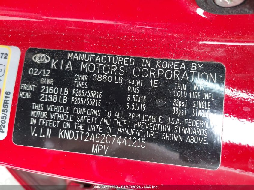 2012 Kia Soul + VIN: KNDJT2A62C7441215 Lot: 39240894