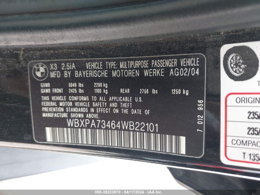 2004 BMW X3 2.5I VIN: WBXPA73464WB22101 Lot: 39241721