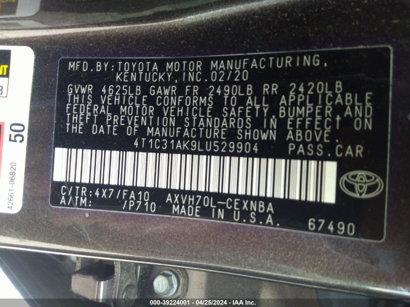 4T1C31AK9LU529904 2020 Toyota Camry Le Hybrid