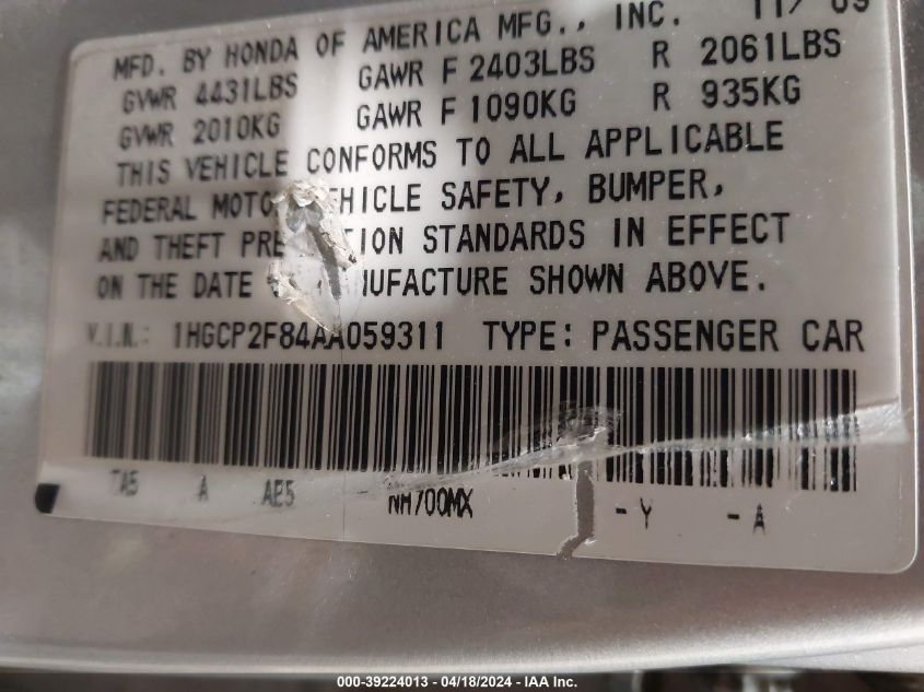2010 Honda Accord 2.4 Ex-L VIN: 1HGCP2F84AA059311 Lot: 39240920