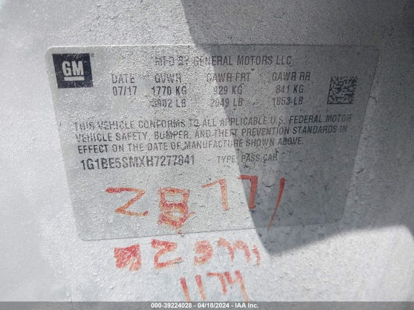 2017 Chevrolet Cruze Lt Auto VIN: 1G1BE5SMXH7277841 Lot: 39241811