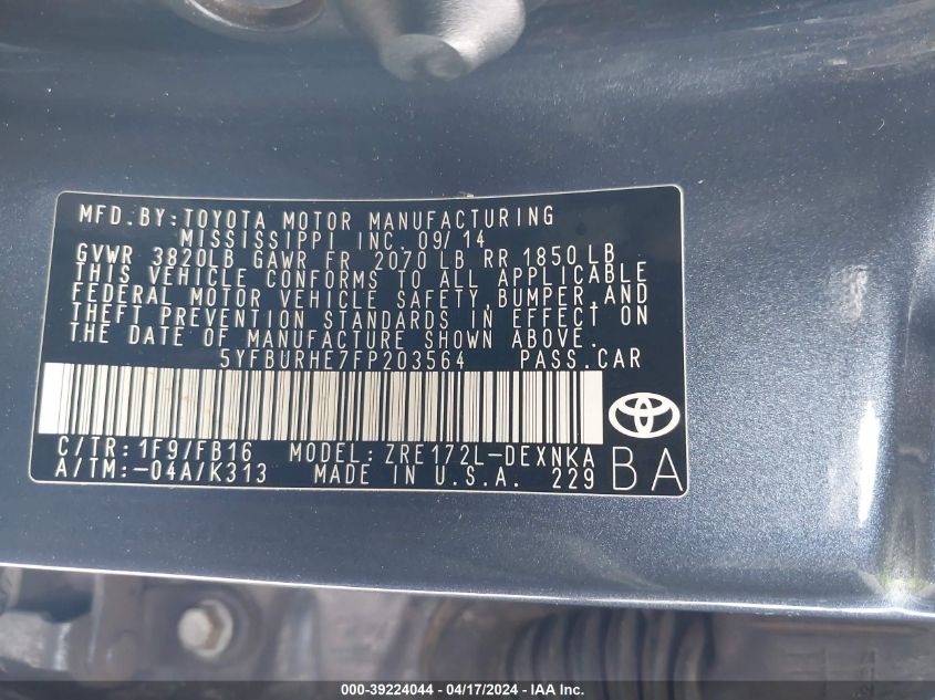 2015 Toyota Corolla VIN: 5YFBURHE7FP203564 Lot: 39241661