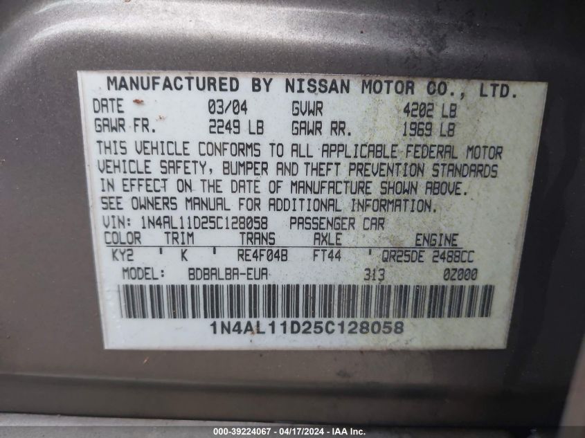 2005 Nissan Altima 2.5 S VIN: 1N4AL11D25C128058 Lot: 39241924