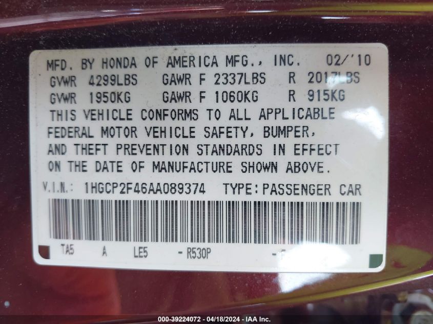 2010 Honda Accord 2.4 Lx-P VIN: 1HGCP2F46AA089374 Lot: 50254974