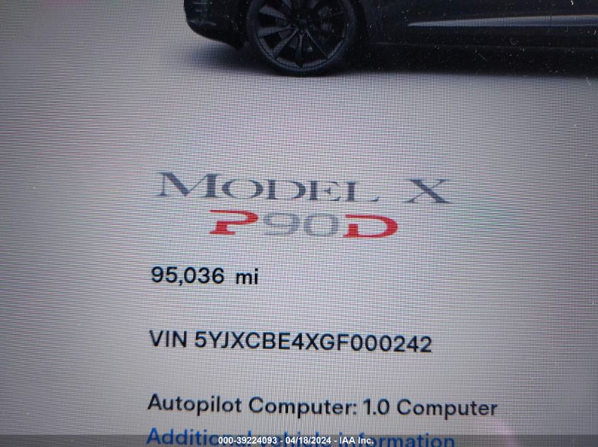 2016 Tesla Model X 75D/P100D/P90D VIN: 5YJXCBE4XGF000242 Lot: 39241695