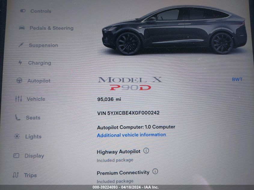 2016 Tesla Model X 75D/P100D/P90D VIN: 5YJXCBE4XGF000242 Lot: 39241695