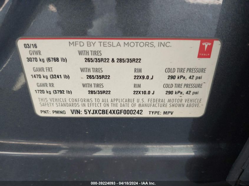 2016 Tesla Model X 75D/P100D/P90D VIN: 5YJXCBE4XGF000242 Lot: 39241695