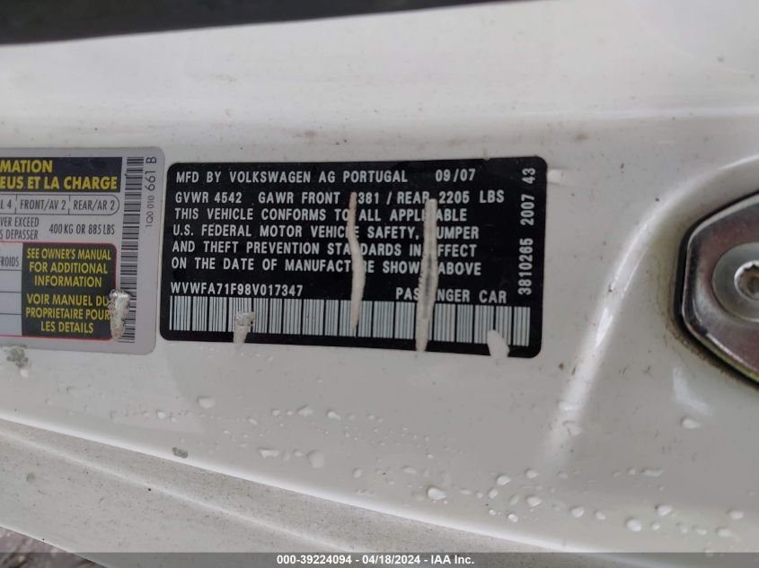 2008 Volkswagen Eos Lux VIN: WVWFA71F98V017347 Lot: 39241912