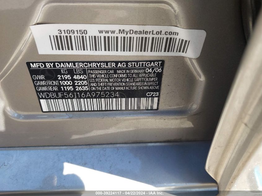 2006 Mercedes-Benz E 350 VIN: WDBUF56J16A975234 Lot: 39224117