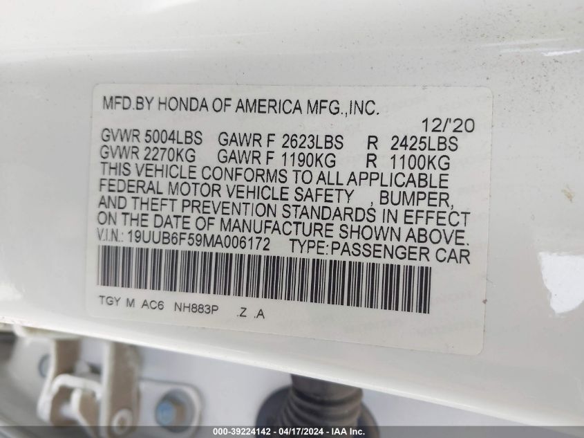 2021 Acura Tlx A-Spec Package VIN: 19UUB6F59MA006172 Lot: 39224142