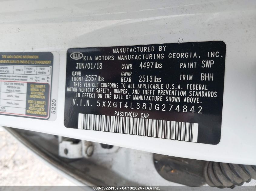 2018 Kia Optima Lx VIN: 5XXGT4L38JG274842 Lot: 39224157