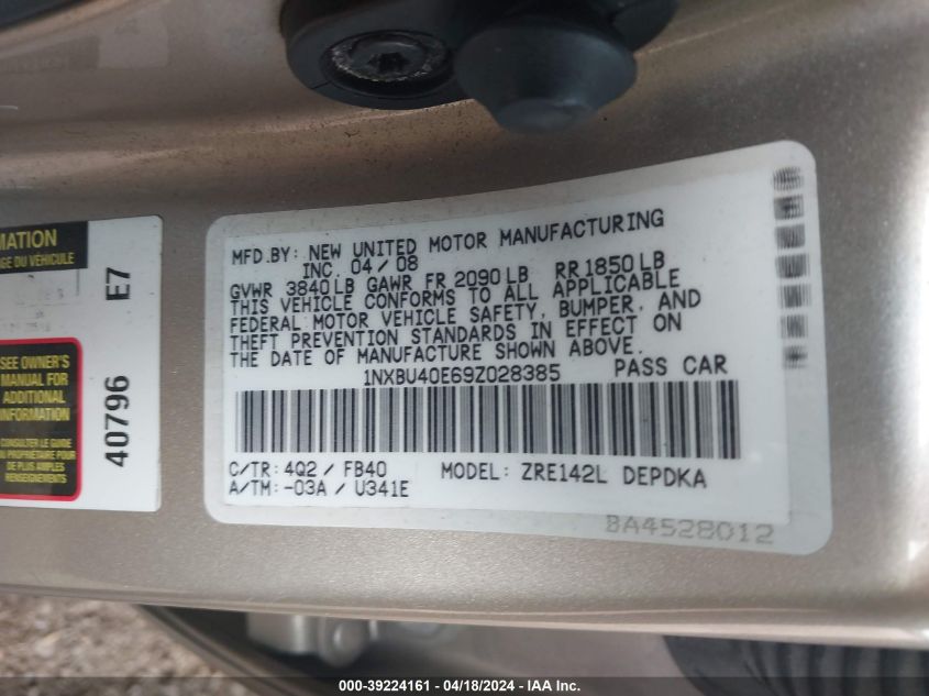 2009 Toyota Corolla Le VIN: 1NXBU40E69Z028385 Lot: 41392274