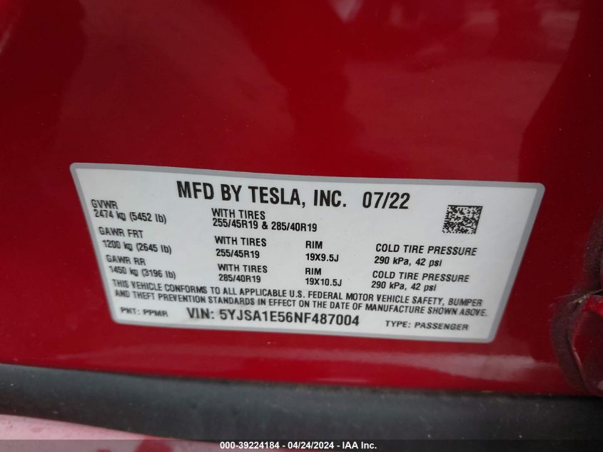 2022 Tesla Model S Dual Motor All-Wheel Drive VIN: 5YJSA1E56NF487004 Lot: 39224184