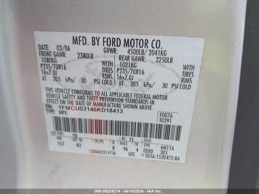 2006 Ford Escape Xlt/Xlt Sport VIN: 1FMCU03146KD18413 Lot: 48895674